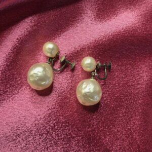 Vintage Baroque Pearl Earrings Screw Back, Dangle Sterling Silver  Double Pearls